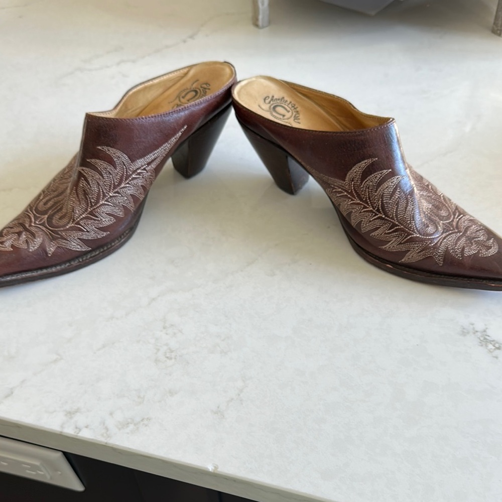 Embroidered Brown Leather Slip-On Mules - Picture 3 of 6